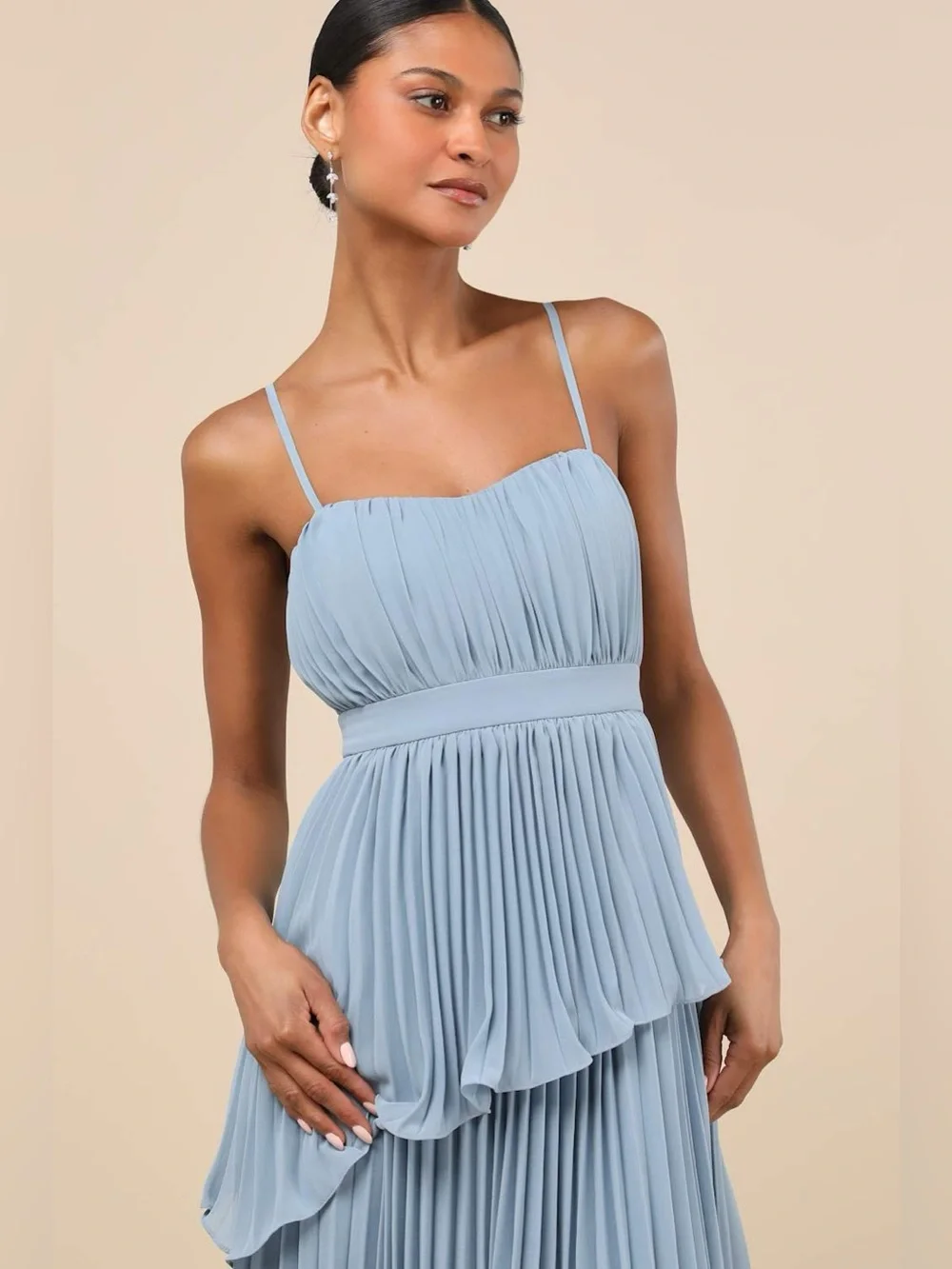 Lulus Jehona Dusty Blue Pleated Tiered Maxi Dress Size Medium Formal Wedding - Picture 2 of 9